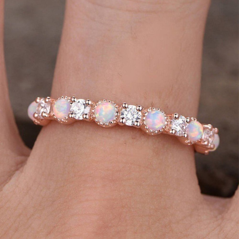 *NEW 18K Rose Gold Diamond Opal Half Eternity Ring - Picture 1 of 5